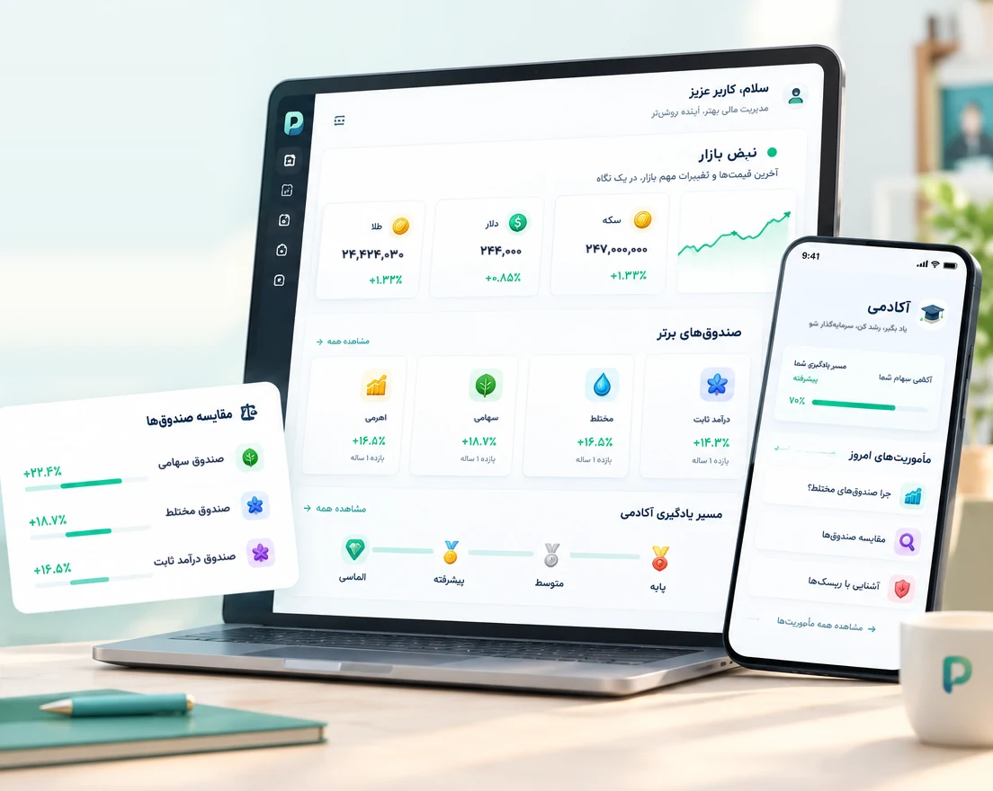 داشبورد پول‌یار روی لپ‌تاپ و موبایل: نبض بازار، صندوق‌های برتر و مسیر یادگیری آکادمی